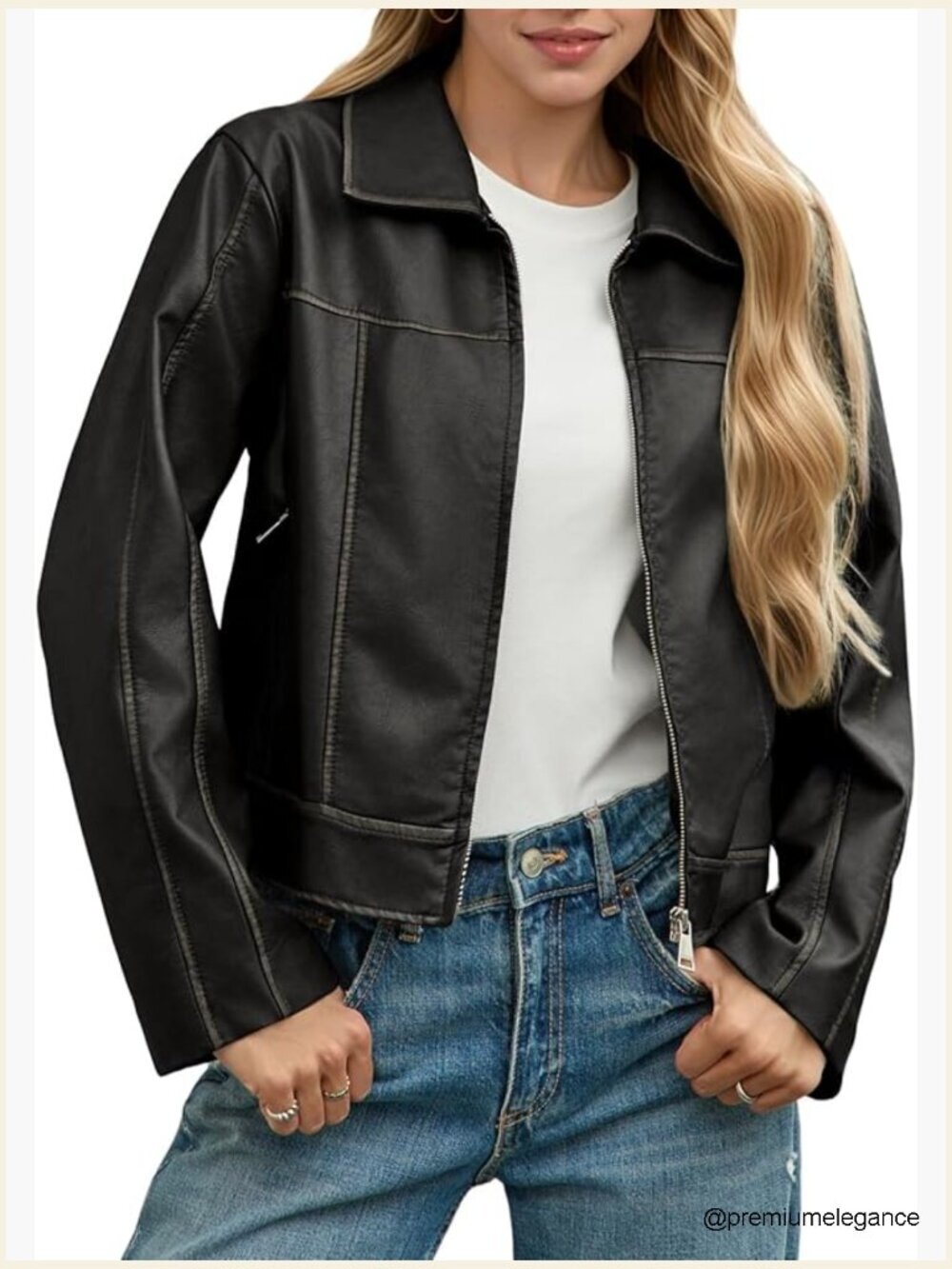 Faux Leather Motorcycle Jacket Cropped Zip Up with Pockets